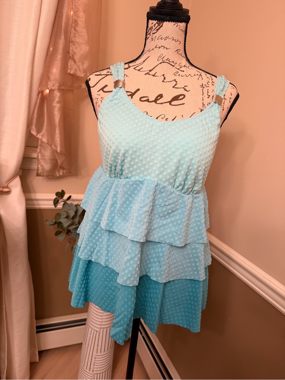 Aqua Blue Tiered Tankini Swimdress 2 Piece Swimsuit Set Large ( see pics ) NWOT